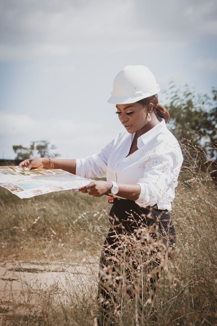 A female engineer wearing a safety helmet reviews construction plans in a grassy field, under a bright sky.
